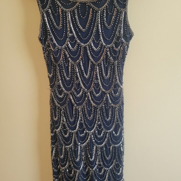 Pisarro Nights Beaded Cocktail Dress Size 4 Navy Blue Silver Sleeveless Formal - Picture 5 of 10